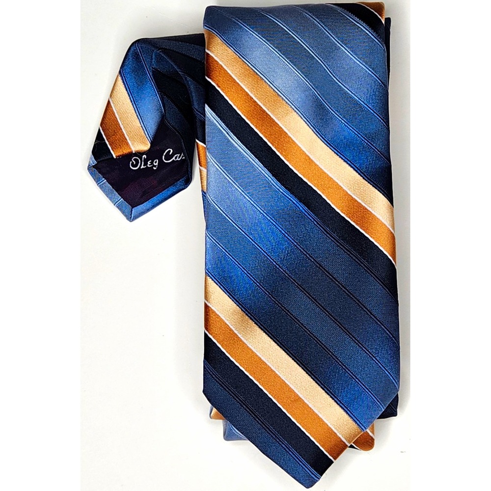 Oleg Cassini Men's Tie Blue Black Tan Beige Striped Pattern Pointed Style - 58"